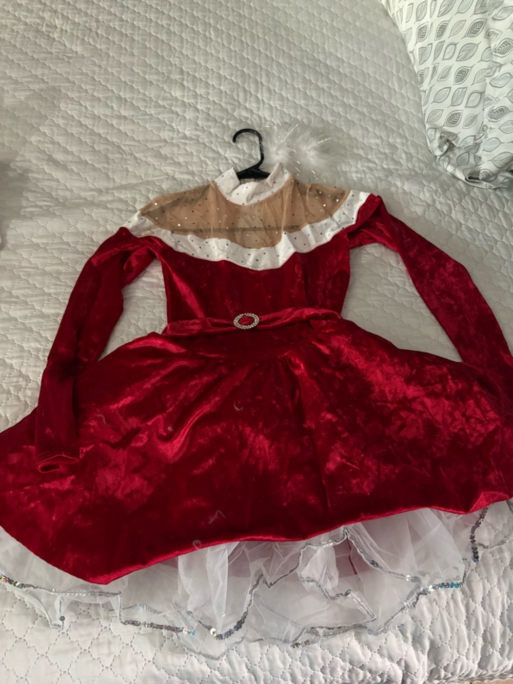 Red Velvet Kids Ice Skating Dress Costume with Sheer Rhinestone Yoke